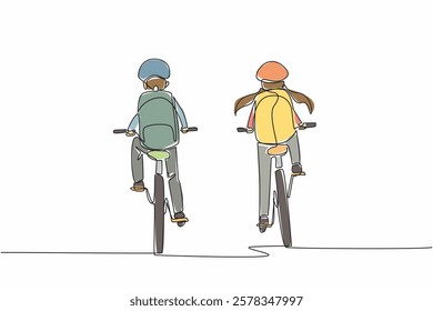 Single one line drawing rear view of a boy and a girl riding a bicycle side by side. Be aware of safety while biking. Bikers. National Bike to School Day. Continuous line design graphic illustration