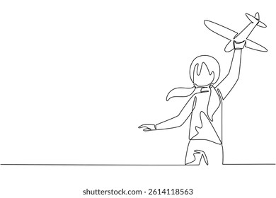 Single one line drawing rear view, a girl running while holding toy airplane raised up. Trying to fly with joy. Fun. Outdoor. International Day of Boys. Continuous line design graphic illustration