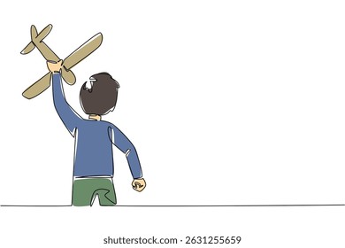 Single one line drawing rear view, boy running while holding toy airplane raised up. The fun of a holiday with new toys. Flight. International Day of Boys. Continuous line design graphic illustration