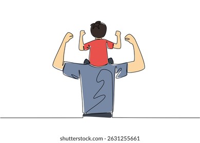 Single one line drawing rear view, a father carries son on shoulders and poses like a bodybuilder. Bonding in the afternoon. International Day of Boys. Continuous line design graphic illustration