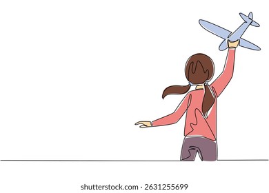 Single one line drawing rear view, a girl running while holding toy airplane raised up. Trying to fly with joy. Fun. Outdoor. International Day of Boys. Continuous line design graphic illustration
