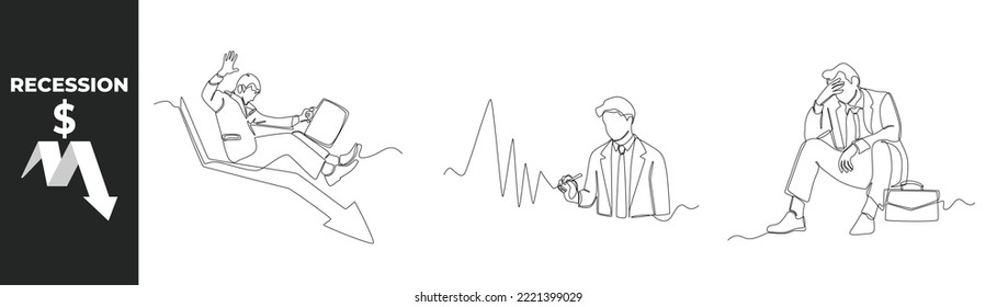 Single one line drawing recession economy set concept. Recession 2023. Businessman falling on the arrow, Presenting falling sales graph and have been laid off. Design graphic vector illustration.