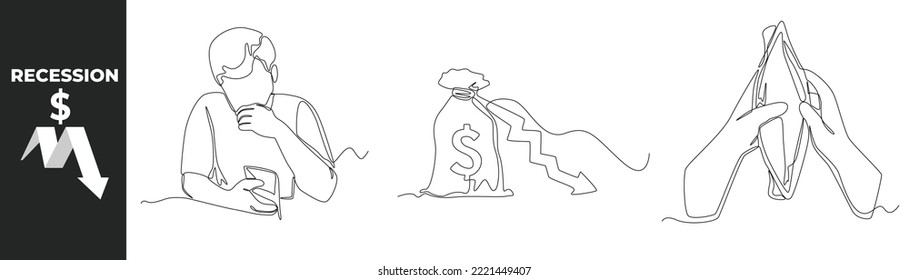 Concepto de economía de recesión de una sola línea. Recesión 2023. Mano del hombre con billetera vacía y bolso de dinero con dólar. Diseñar ilustración vectorial gráfica.