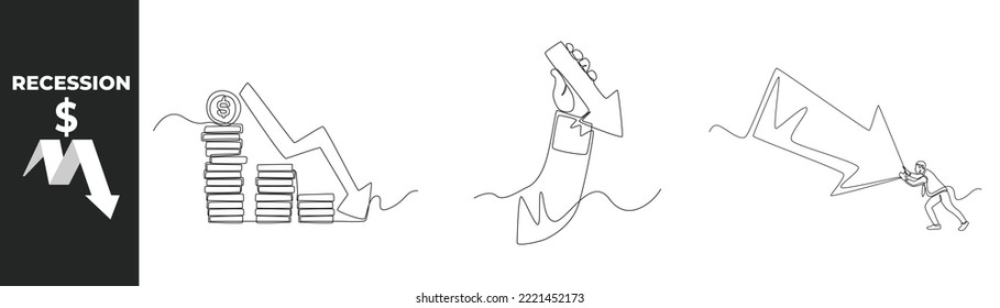 Single one line drawing recession economy set concept. Arrow down over stack of coins by ladder, Hand hold arrow down and pushing falling down arrow with full effort. Vector illustration. 