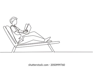 Single one line drawing reclined man reading book in lounge chair. Chill out time with good story concept. Smart male reader enjoying literature or studying. Continuous line draw design graphic vector