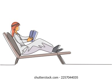 Single one line drawing reclined Arabian man reading book in lounge chair. Chill out time with good story concept. Smart male reader enjoying literature or studying. Continuous line draw design vector