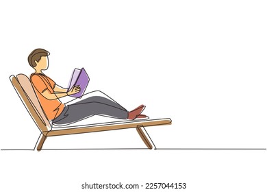 Single one line drawing reclined man reading book in lounge chair. Chill out time with good story concept. Smart male reader enjoying literature or studying. Continuous line draw design graphic vector