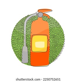 Einzeiliger Rotfeuerlöscherschutz mit Düse in einer Linie. Tragbare Brandausrüstung aus dem Brandschutzgerät. Schwirl-Kreis-Hintergrund-Stil. Grafikkarte für kontinuierliche Zeilenzeichnung