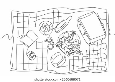 Single one line drawing red and white checkered cloth mat. Prepare snacks and lunch to enjoy together. Sunlight warms the atmosphere. National Picnic Day. Continuous line design graphic illustration