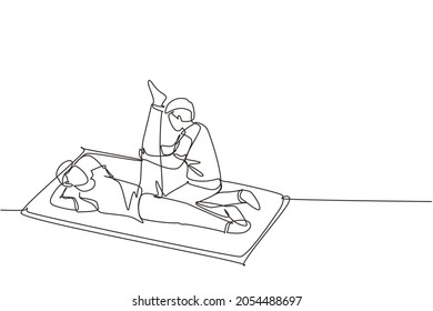 Single one line drawing rehabilitation center. Massage therapy. Male physiotherapist giving leg massage to patient lying on the floor. Modern continuous line draw design graphic vector illustration