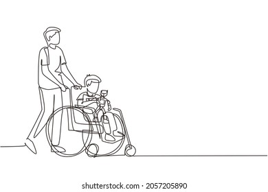 Single one line drawing rehabilitation center for children. Father takes care of boy. Happy daddy helps children with disabilities in wheelchair holding robot toy. Continuous line draw design vector