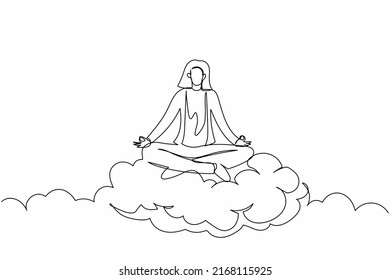 Single one line drawing relaxed businesswoman meditates in lotus position on clouds. Restful female manager relaxing with yoga and meditation pose. Continuous line design graphic vector illustration