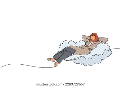 Single one line drawing relaxed and successful happy Arabian businesswoman relaxing laying on clouds. Break, vacation, coffee time, relaxation. Continuous line draw design graphic vector illustration