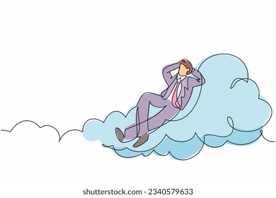 Single one line drawing relaxed and successful businessman relaxing laying on clouds. Happy and enjoy male relaxation, vacation, take a break. Continuous line draw design graphic vector illustration