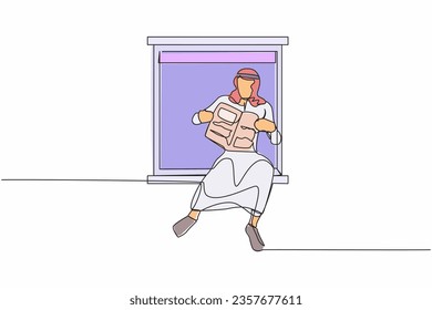 Single one line drawing relaxed Arab man sitting on windowsill and reads newspaper. Cozy balcony. Home activities. Stay at home during pandemic. Continuous line draw design graphic vector illustration