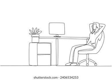 Single one line drawing relaxed woman sitting in a work chair with her hands behind her head. Relax at break time. Monitor work that is still incomplete. Continuous line design graphic illustration