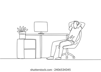 Single one line drawing relaxed man sitting in a work chair with his hands behind his head. Work overtime on weekends. Relax for a moment from busy routine. Continuous line design graphic illustration