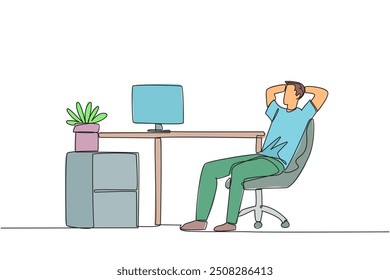 Single one line drawing relaxed man sitting in a work chair with his hands behind his head. Work overtime on weekends. Relax for a moment from busy routine. Continuous line design graphic illustration