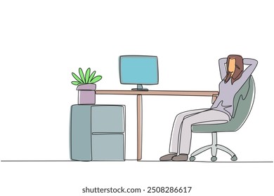 Una sola línea dibujando mujer relajada sentada en una silla de trabajo con las manos detrás de la cabeza. Relájate a la hora del descanso. Supervisar el trabajo que aún está incompleto. Ilustración gráfica de diseño de línea continua