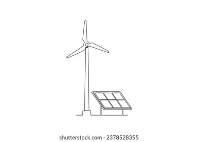 Single one line drawing Renewable energy windmills and solar panels. simple wind turbines power outline vector