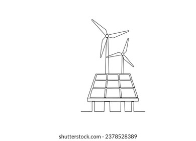 Single one line drawing Renewable energy windmills and solar panel. simple wind turbines power outline vector