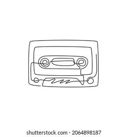 Single one line drawing retro cassette sticker icon. Cassette tape music logo symbol template. Cassette flat style banner poster emblem. Modern continuous line draw design graphic vector illustration