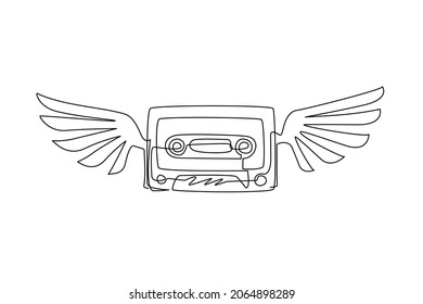 Single one line drawing retro cassette with wings sticker icon. Cassette tape music angel wing fly logo template. Cassette angel with wings and flat style. Continuous line draw design graphic vector