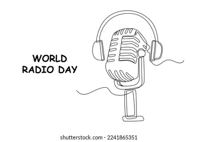 Single one line drawing Retro old microphone. World radio day concept. Continuous line draw design graphic vector illustration.