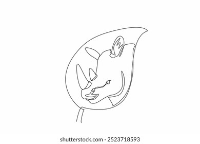 Single one line drawing the rhinoceros head in the middle of the leaf. Let it live in nature. Stop illegal hunting. Natural habitats. World Wildlife Day. Continuous line design graphic illustration