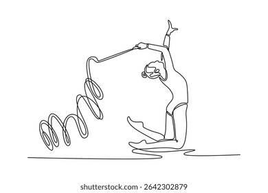 Single one line desenho ginástica rítmica, mulher no ginásio e fita com equilíbrio, ação com desempenho e fitness. Competição, torneio. Ilustração de vetor gráfico de design de desenho de linha contínua