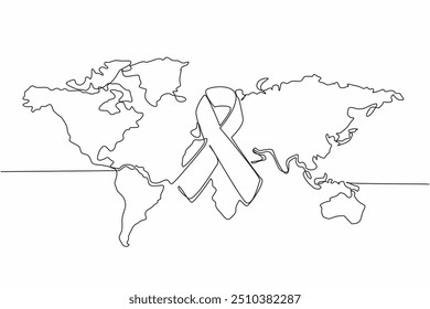 Single one line drawing ribbon with world map background. Down syndrome can be prevented. Provide best nutrition during pregnancy. World Down Syndrome Day. Continuous line design graphic illustration