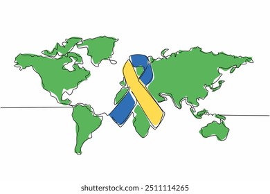 Cinta de dibujo de una sola línea con fondo del mapa del mundo. El síndrome de Down se puede prevenir. Proporcionar la mejor nutrición durante el embarazo. Día Mundial del Síndrome de Down. Ilustración gráfica de diseño de línea continua