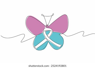 Single one line drawing ribbon in the middle of the butterfly. Step by step passed. Like being reborn. New generation. New hope. Zero Discrimination Day. Continuous line design graphic illustration