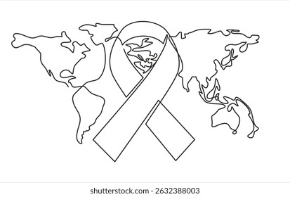 Single one line drawing ribbon with world map background. Continuous line design graphic illustration. Editable stroke.