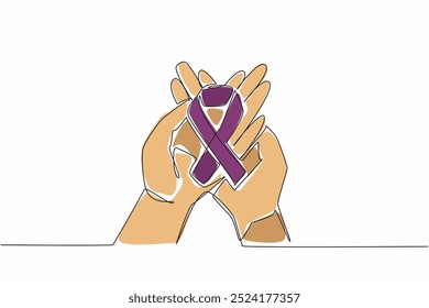 Single one line drawing ribbons form the cancer campaign symbol on both palms. Sign. Symbol requires more attention. Avoid cancer. Aware. World Cancer Day. Continuous line design graphic illustration