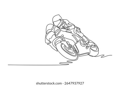 Um único piloto de desenho de uma linha em terno de couro na motocicleta esporte inclinando e arrastando o joelho. Motociclista jovem praticando para melhorar a velocidade da bicicleta. Ilustração de vetor gráfico de design de desenho de linha contínua