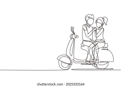 Single one line drawing riders couple trip travel relax. Romantic honeymoon moments sitting and talking on motorcycle. Man with woman riding scooter. Modern continuous line draw design graphic vector