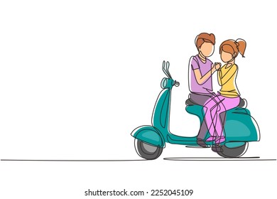 Recorrido de una sola línea con dos viajes relajados. Momentos románticos de luna de miel sentados y hablando en motocicleta. Hombre con mujer montando moto. Moderno diseño de traza continua de línea vector gráfico