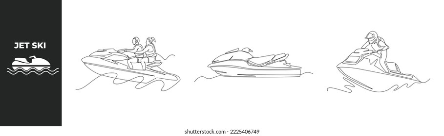 Single one line drawing Riding Jet Ski set concept  Sport couple riding jet ski   Jet Ski Icon  Continuous line draw design graphic vector illustration  