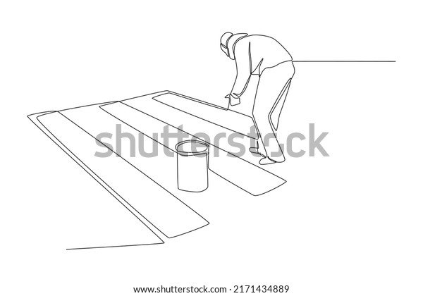 Single one line drawing road\
worker paints and repairs a pedestrian crossing. Road and traffic\
concept. Continuous line draw design graphic vector\
illustration.