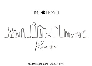 Eine einzige Linie, die Roanoke Stadt Skyline, Virginia. Historische Stadtlandschaft in der Welt. Die beste Dekoration für Urlaubsziele. Bearbeitbarer Strich-Strich-Strich-Design, Vektorgrafik