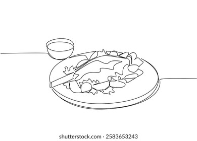 Single one line drawing roast leg lamb with potato and tomato slices. Very delicious juicy meat. A filling meal for dinner. National Roast Leg of Lamb. Continuous line design graphic illustration