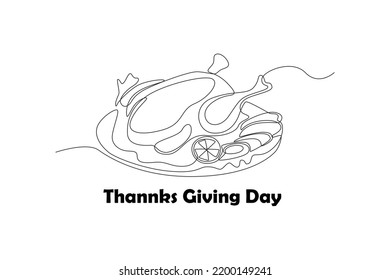 Single one line drawing roasted turkey on the plate. Thanks giving concept. Continuous line draw design graphic vector illustration.