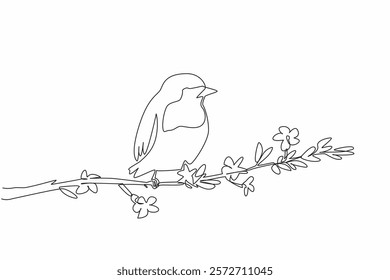 Single one line drawing robin perched on a tree branch with leaves and flowers. Famous birds in America and Europe. Songbird. International Dawn Chorus Day. Continuous line design graphic illustration