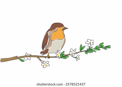 Single one line drawing robin perched on a tree branch with leaves and flowers. Famous birds in America and Europe. Songbird. International Dawn Chorus Day. Continuous line design graphic illustration