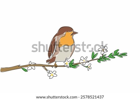 Single one line drawing robin perched on a tree branch with leaves and flowers. Famous birds in America and Europe. Songbird. International Dawn Chorus Day. Continuous line design graphic illustration