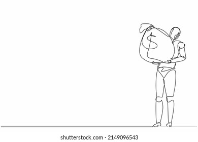 Single one line drawing robot carrying big heavy sack full cash money. Future technology development. Artificial intelligence and machine learning process. Continuous line draw design graphic vector