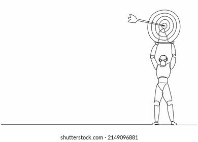 Single one line drawing robot lifting up big target with accurate arrow. Future technology development. Artificial intelligence and machine learning process. Continuous line draw design graphic vector