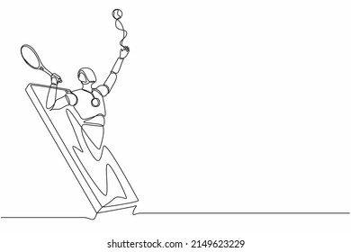 Single one line drawing robot come out from cellular phone and serve tennis ball with racket. Future technology. Artificial intelligence machine learning process. Continuous line graphic design vector