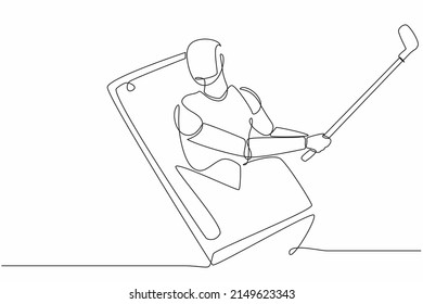 Single one line drawing robot come out from cellular phone and hitting golf ball with golf club. Future technology development. Artificial intelligence, machine learning. Continuous line design vector